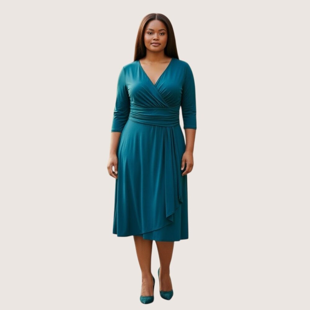 Thea Dora Women's Teal Evening Stretch Dress 3/4 Sleeves V Neck Plus Size 14 EUC